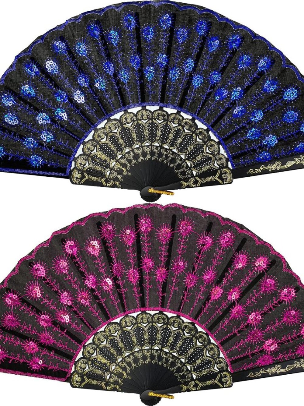 2 Pcs Lace Spanish Folding Fans, Flamenco Hand Fans, Royal Blue, Pink